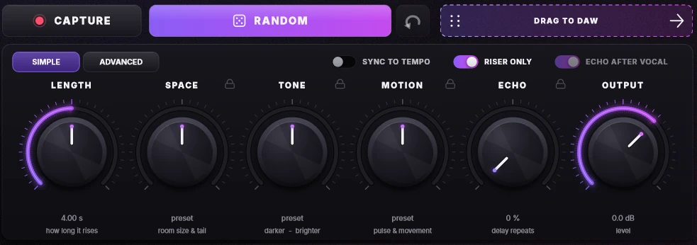 SATOWRISER Capture, Random and Drag to DAW buttons above the six control knobs