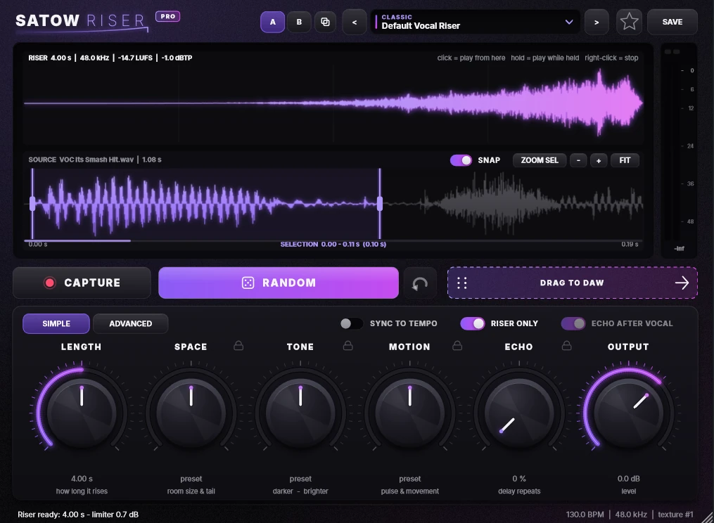 SATOWRISER plugin interface with riser and source waveforms, Capture, Random and Drag to DAW buttons, and six control knobs